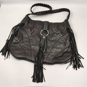 J J Winters Black Fringe Leather Boho Bag Vintage